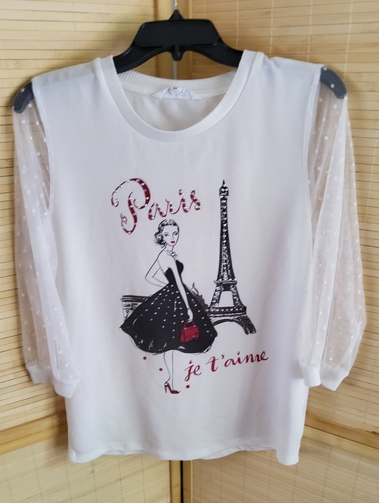 Tops - Kiss And Fly White Paris Graphic Top with Sheer Polka Dot Sleeves